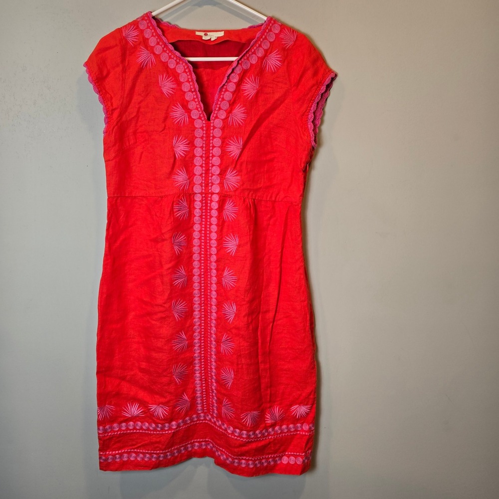 Boden Dress Linen Womens 4 L Red Pink Embroidered Shift Short Sleeve V Neck